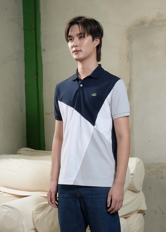 NAVY COLOUR BLOCK CUSTOM FIT POLO SHIRT WITH EMBROIDERY