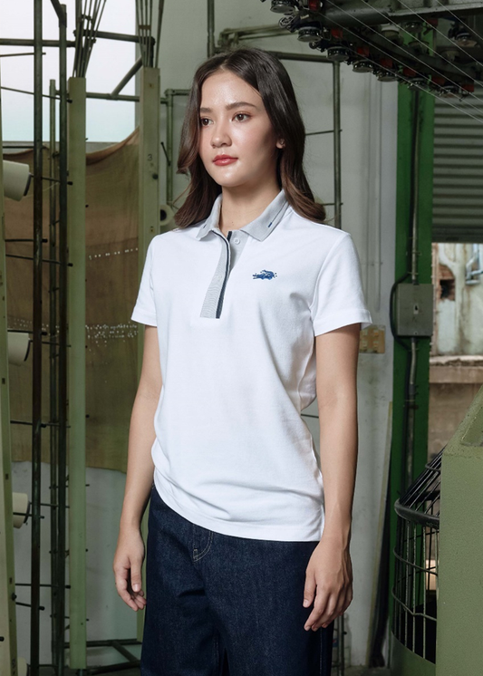 WHITE WOMEN TAPERED FIT POLO WITH STRIPE PLACKET