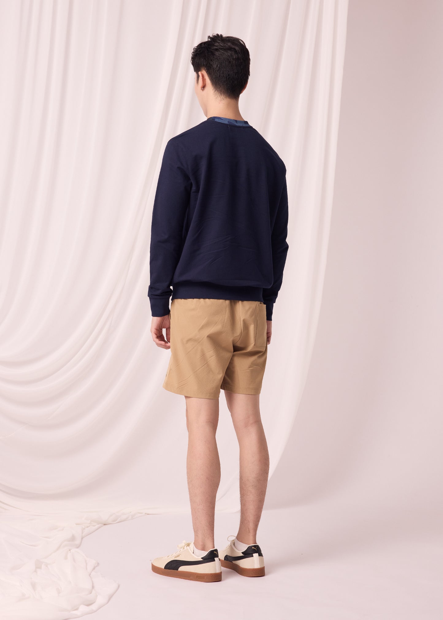 NAVY CUSTOM FIT SWEATERS WITH EMBROIDERY AND FABRIC PRINT COLLAR