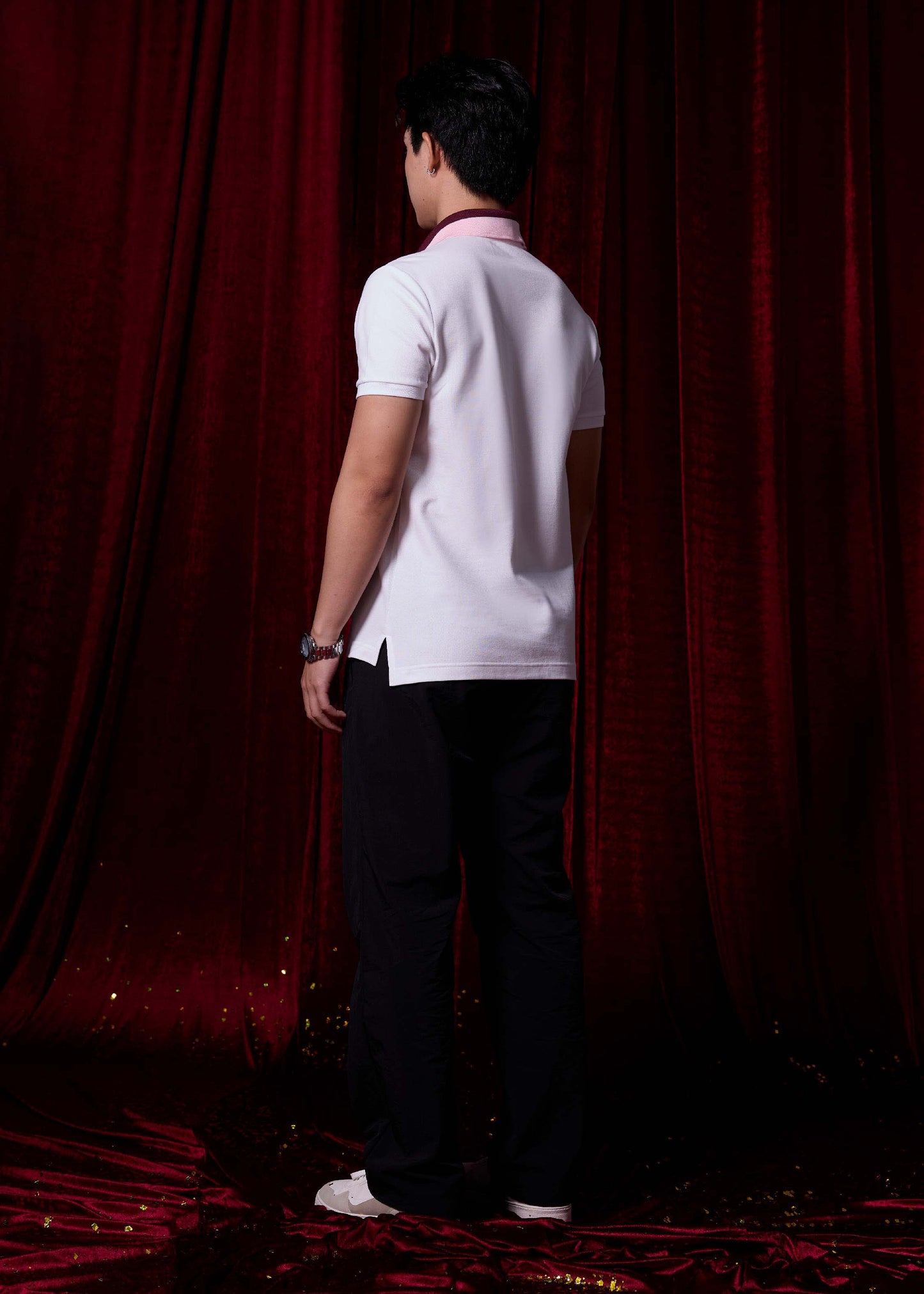 WHITE CUSTOM FIT POLO SHIRT WITH STRIPE COLLAR