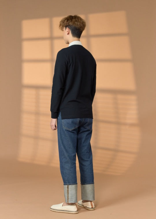 BLACK CUSTOM FIT LONG SLEEVE POLO SHIRT WITH UNBLEACHED COTTON COLLAR AND RUBBERIZED LOGO