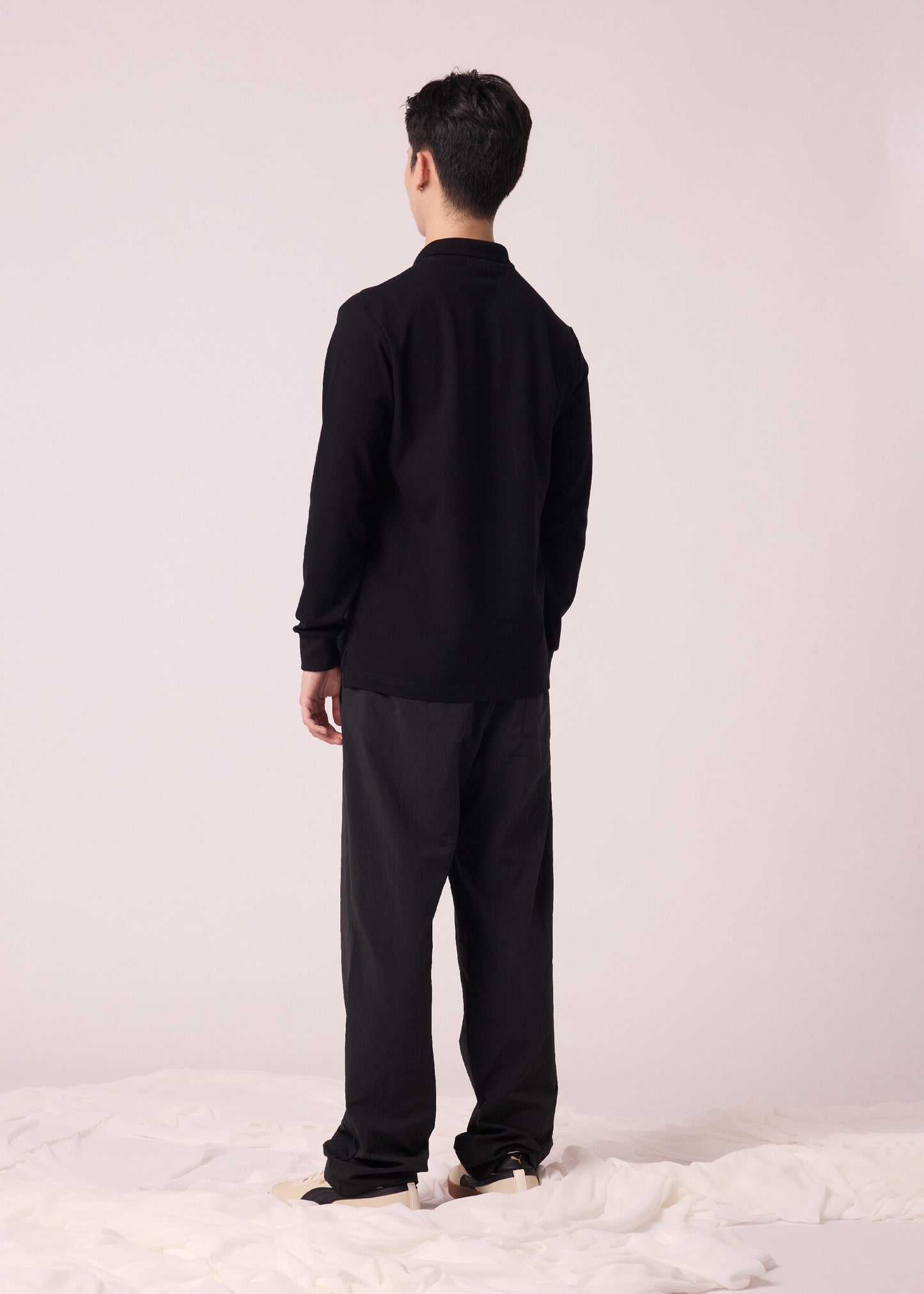 BLACK CUSTOM FIT LONG SLEEVE POLO SHIRT WITH EMBROIDERY