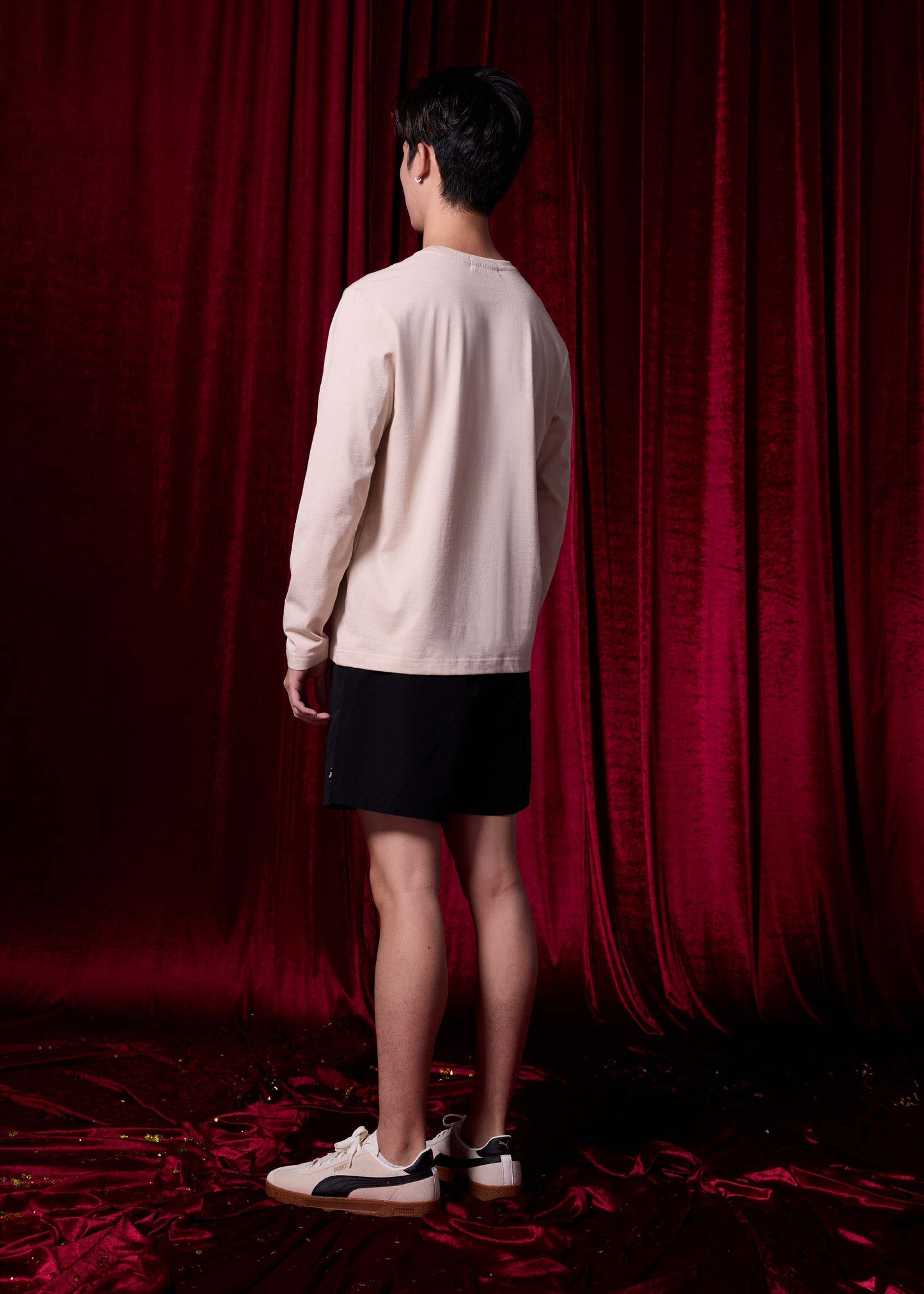 BEIGE CUSTOM FIT CREW NECK LONG SLEEVE T-SHIRT WITH GRAPHIC PRINT