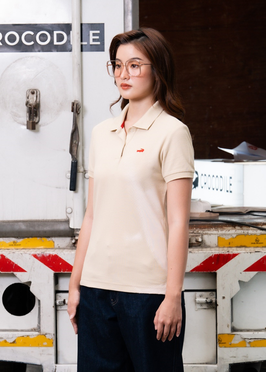 PALE KHAKI WOMEN TAPERED FIT POLO WITH GRAPHIC PRINT