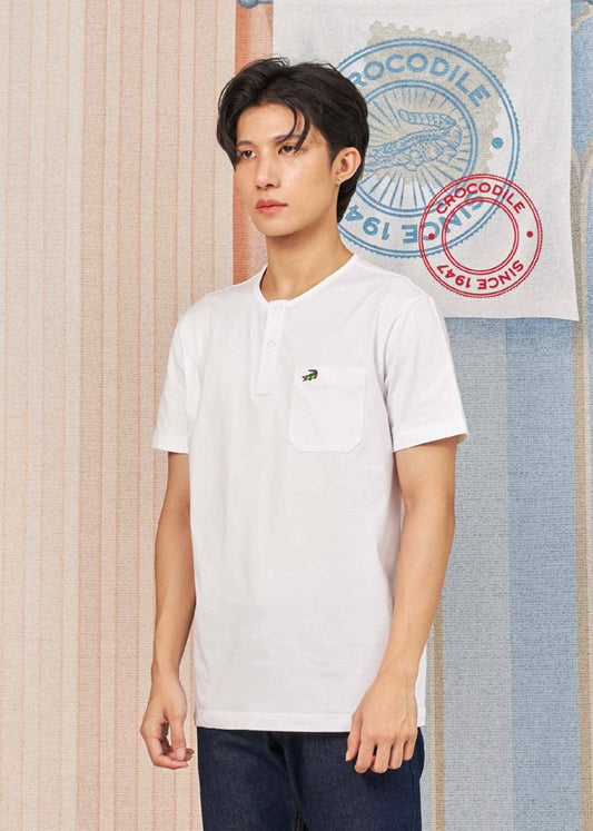 WHITE HENLEY T-SHIRT WITH CHEST POCKET