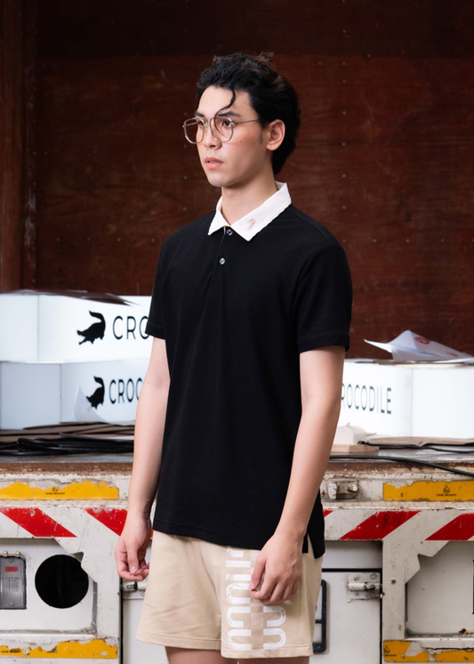 BLACK CUSTOM FIT POLO SHIRT WITH WHITE COLLAR