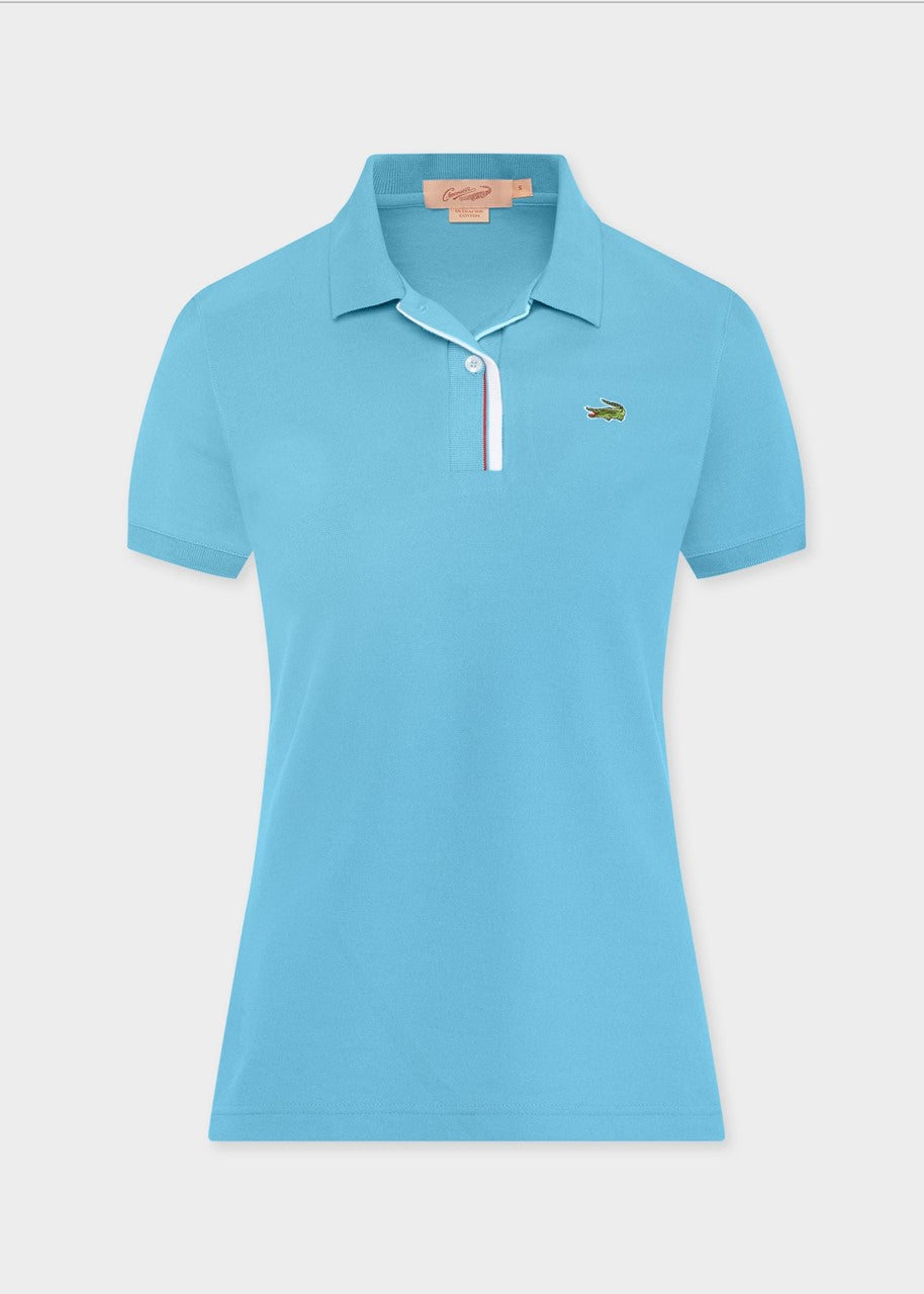 CORNFLOWER BLUE WOMEN TAPERED FIT POLO WITH STRIPE PLACKET