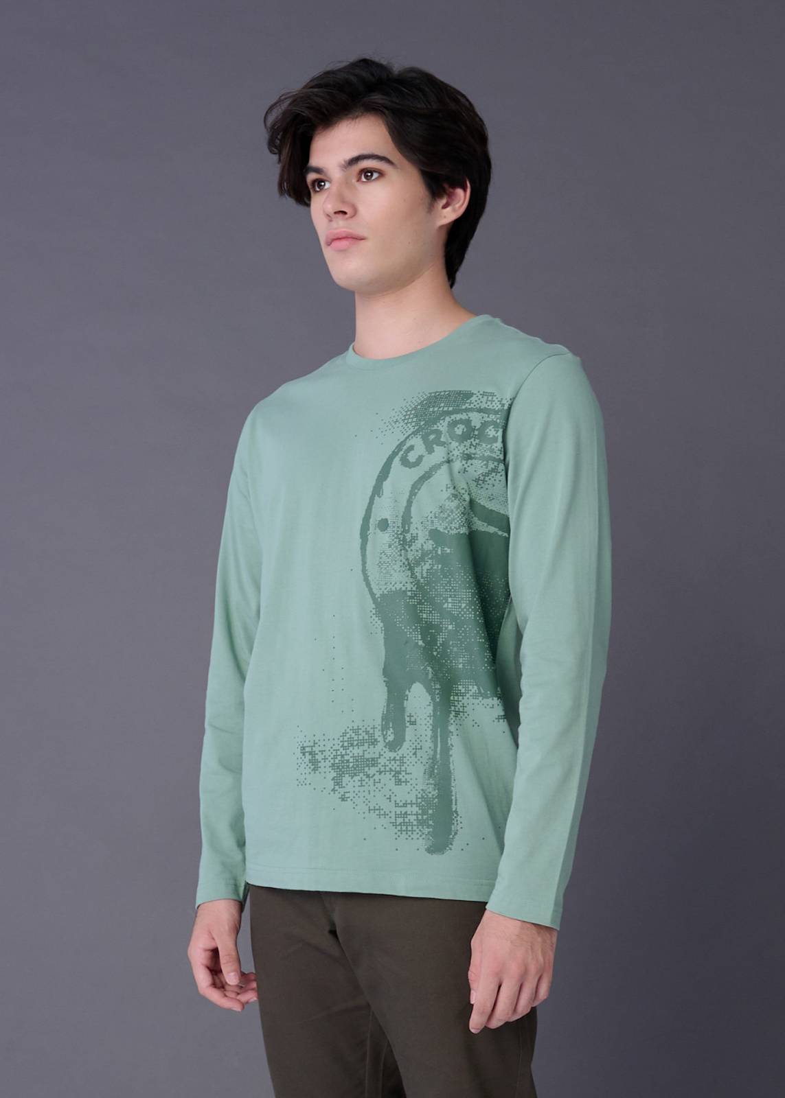 SAGE LEAF GREEN CUSTOM FIT CREW NECK LONG SLEEVE T-SHIRT WITH GRAPHIC PRINT
