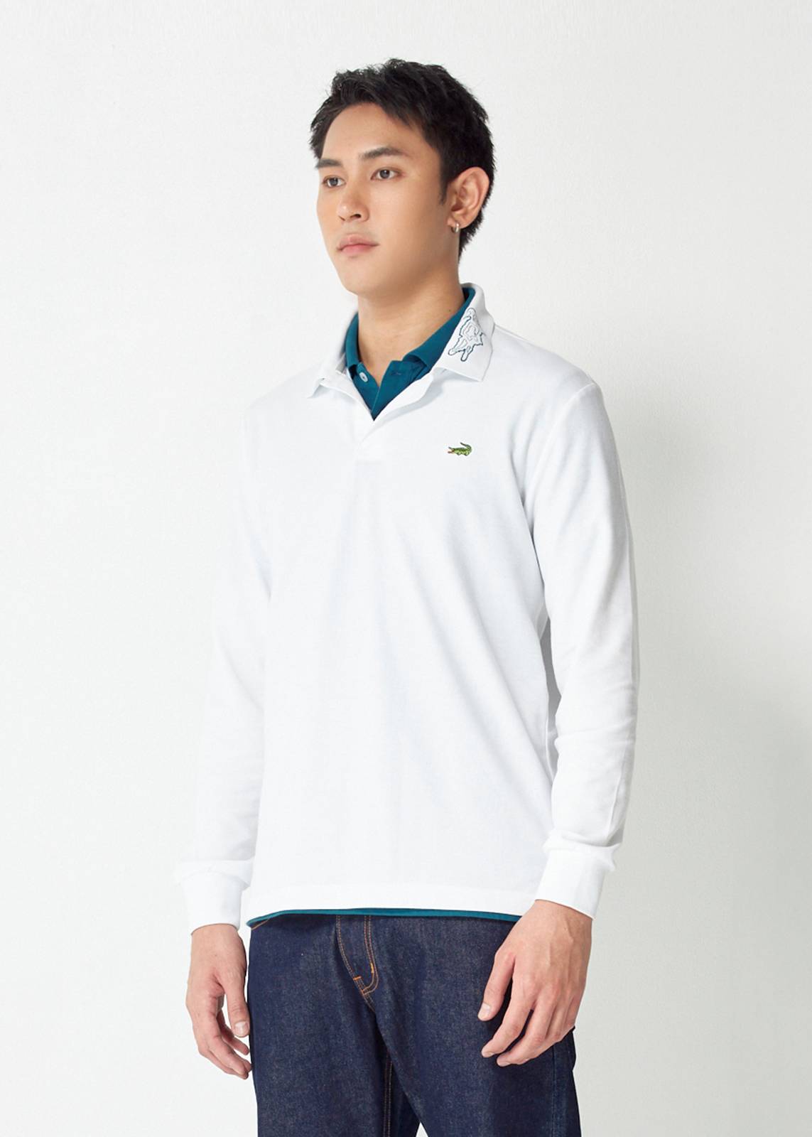 WHITE  CUSTOM FIT LONG SLEEVE POLO SHIRT WITH EMBROIDERED COLLAR