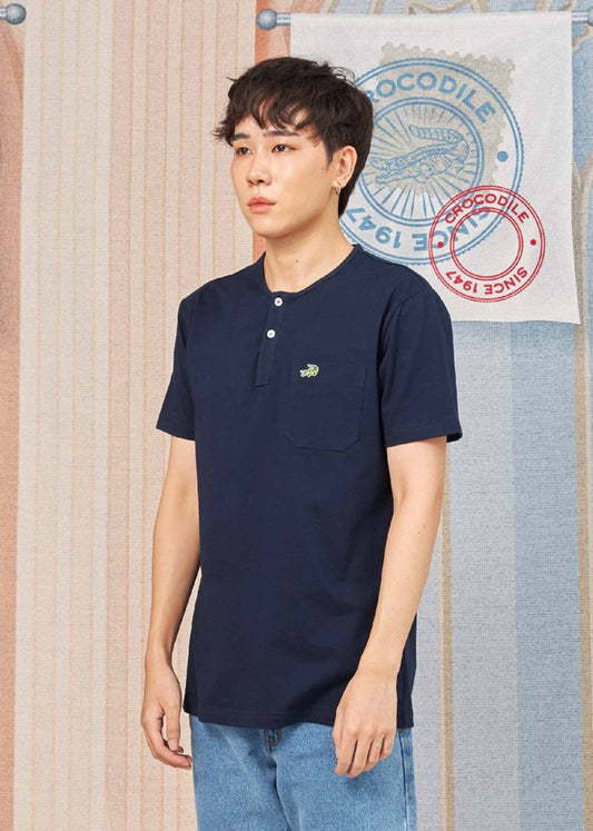 NAVY HENLEY T-SHIRT WITH CHEST POCKET