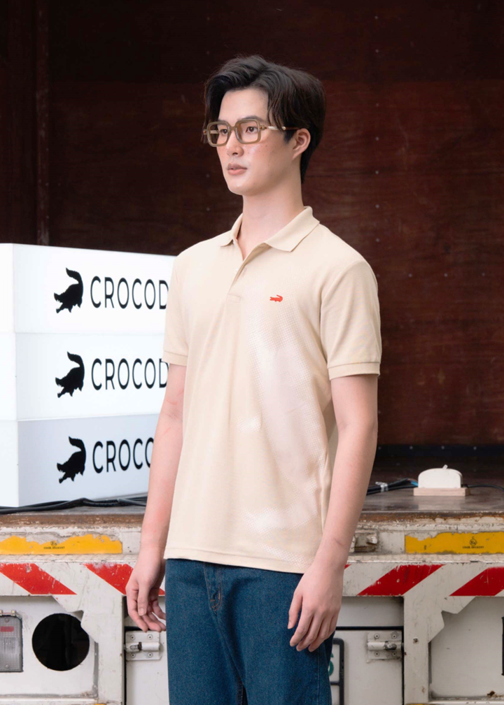 PALE KHAKI CUSTOM FIT POLO SHIRT WITH PIXELATED CROCODILE PRINT