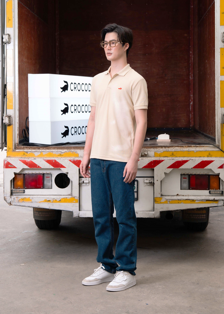 PALE KHAKI CUSTOM FIT POLO SHIRT WITH PIXELATED CROCODILE PRINT