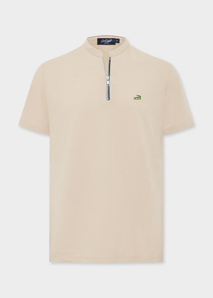 BEIGE CUSTOM FIT POLO SHIRT WITH ZIP PLACKET