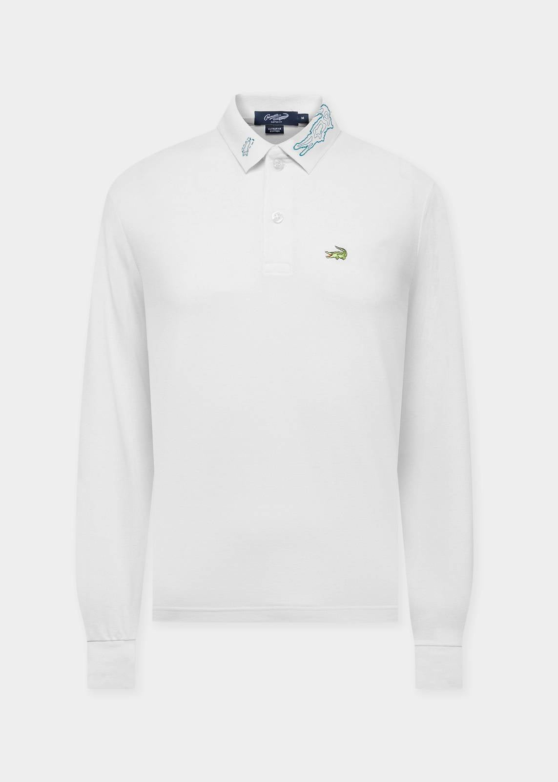 WHITE  CUSTOM FIT LONG SLEEVE POLO SHIRT WITH EMBROIDERED COLLAR