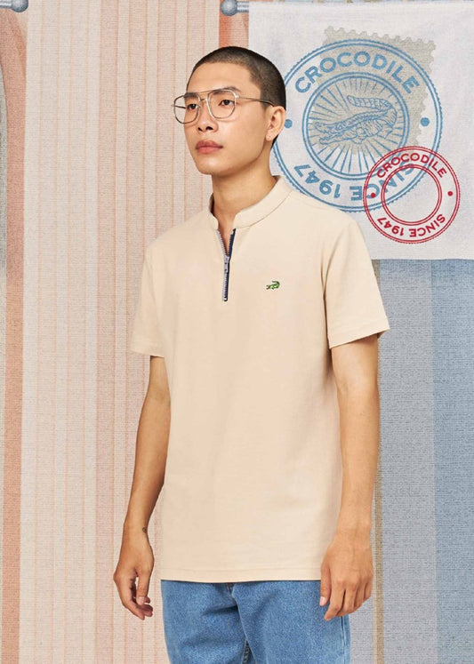 BEIGE CUSTOM FIT POLO SHIRT WITH ZIP PLACKET