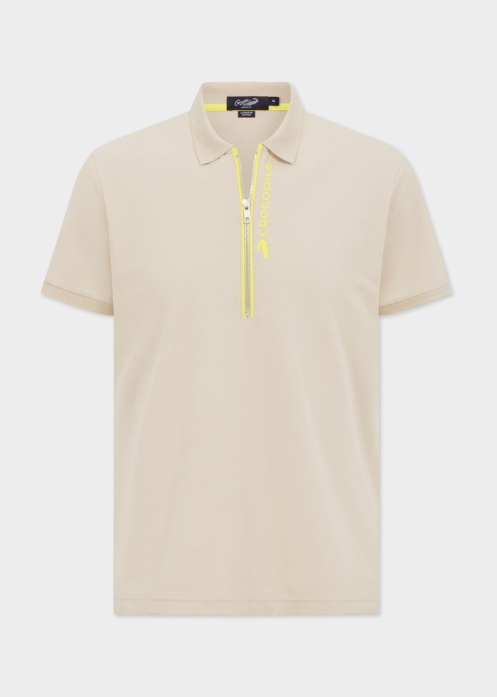 BEIGE CUSTOM FIT POLO SHIRT WITH LEMON DROP YELLOW DETAILS