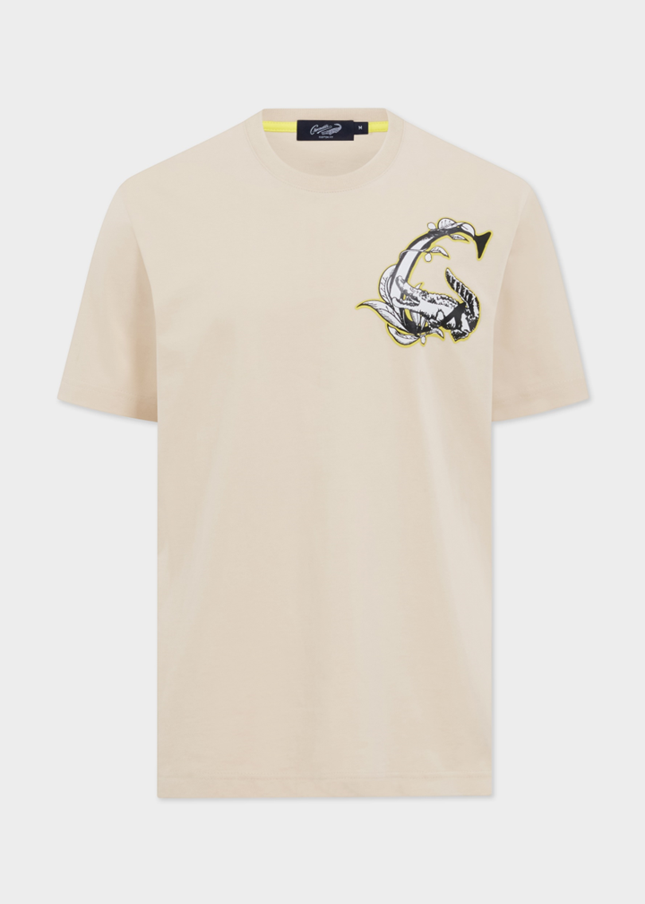 BEIGE CUSTOM FIT CREW NECK T-SHIRT WITH GRAPHIC PRINT