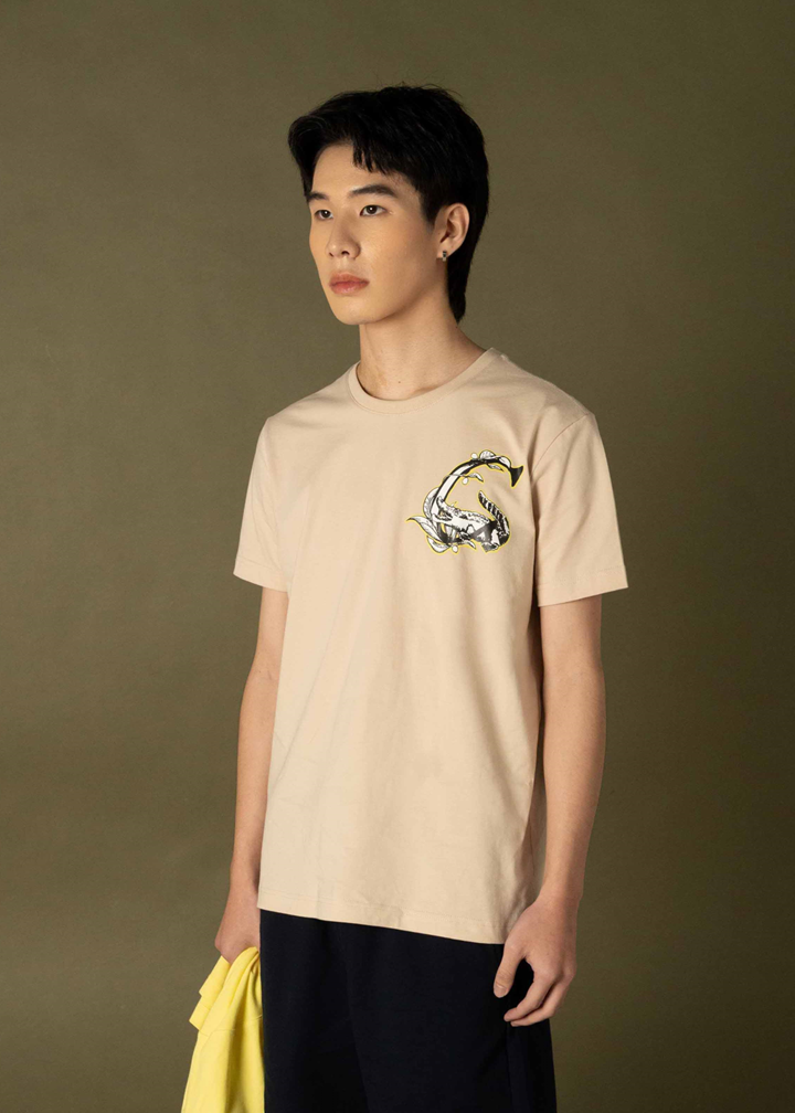 BEIGE CUSTOM FIT CREW NECK T-SHIRT WITH GRAPHIC PRINT