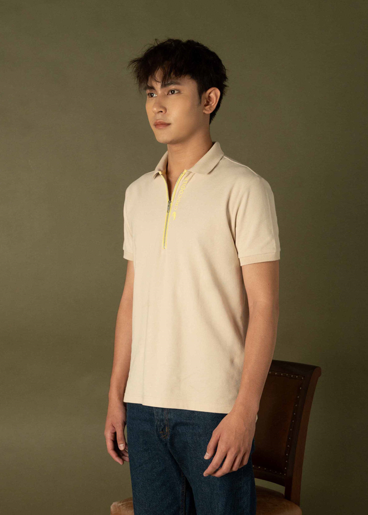 BEIGE CUSTOM FIT POLO SHIRT WITH LEMON DROP YELLOW DETAILS