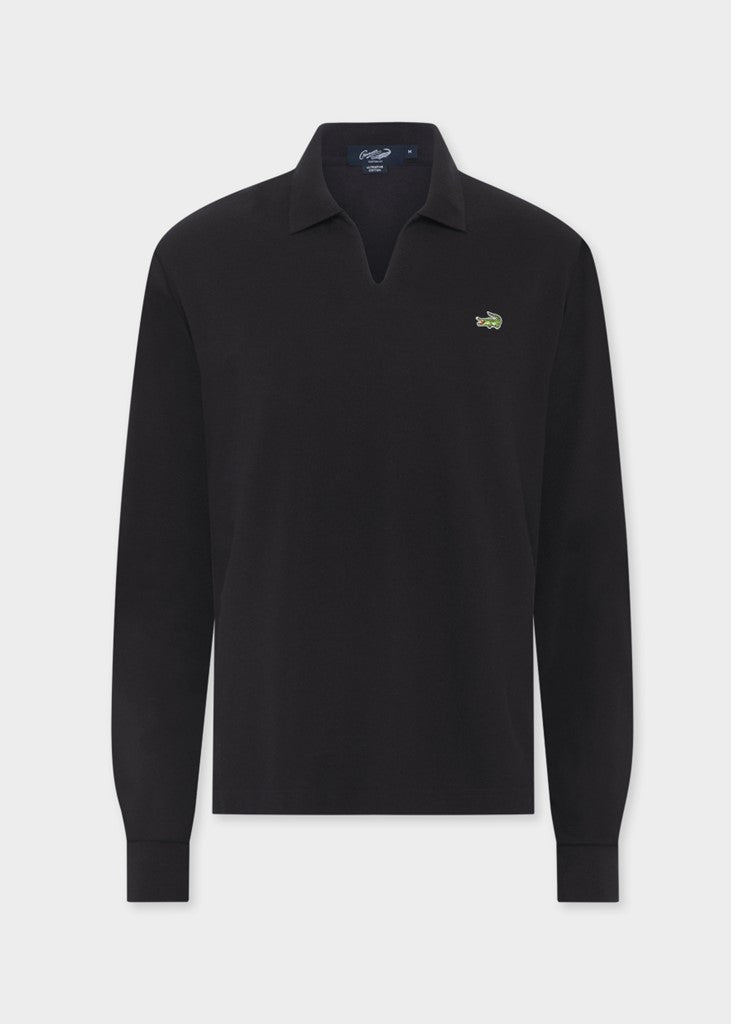 BLACK CUSTOM FIT LONG SLEEVE POLO SHIRT WITH SLIT NECK OPENING