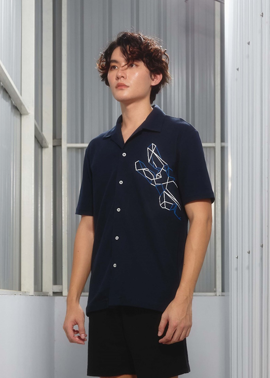 NAVY CUSTOM FIT CUBAN COLLAR SHIRT WITH GRAPHIC PRINT