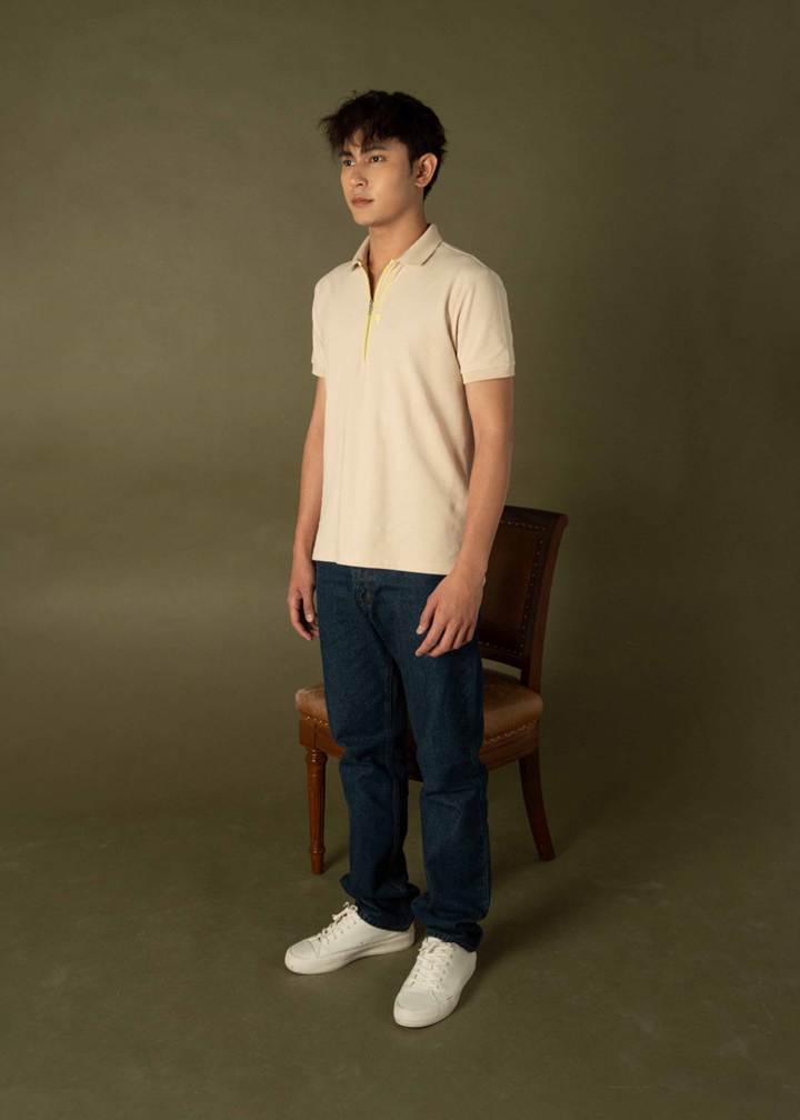 BEIGE CUSTOM FIT POLO SHIRT WITH LEMON DROP YELLOW DETAILS