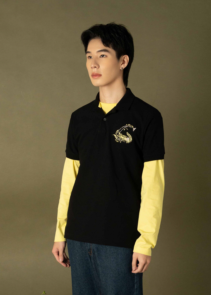 BLACK CUSTOM FIT POLO SHIRT WITH EMBROIDERY