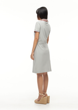 Load image into Gallery viewer, GREY ATHLETIC LENGTH DRESS WITH NUTSHELL BROWN STRIPE COLLAR

