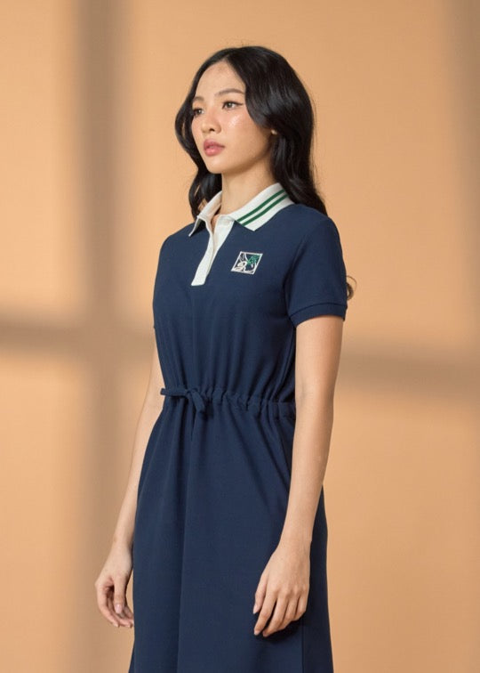 NAVY ATHLETIC LENGTH DRESS WITH STRIPE COLLAR AND EMBROIDERY