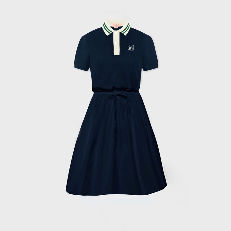 NAVY ATHLETIC LENGTH DRESS WITH STRIPE COLLAR AND EMBROIDERY