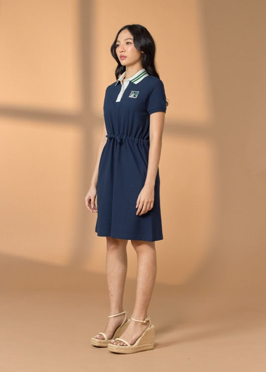 NAVY ATHLETIC LENGTH DRESS WITH STRIPE COLLAR AND EMBROIDERY