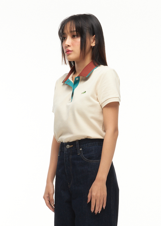 BEIGE WOMEN TAPERED FIT POLO WITH NUTSHELL BROWN COLOUR BLOCK COLLAR