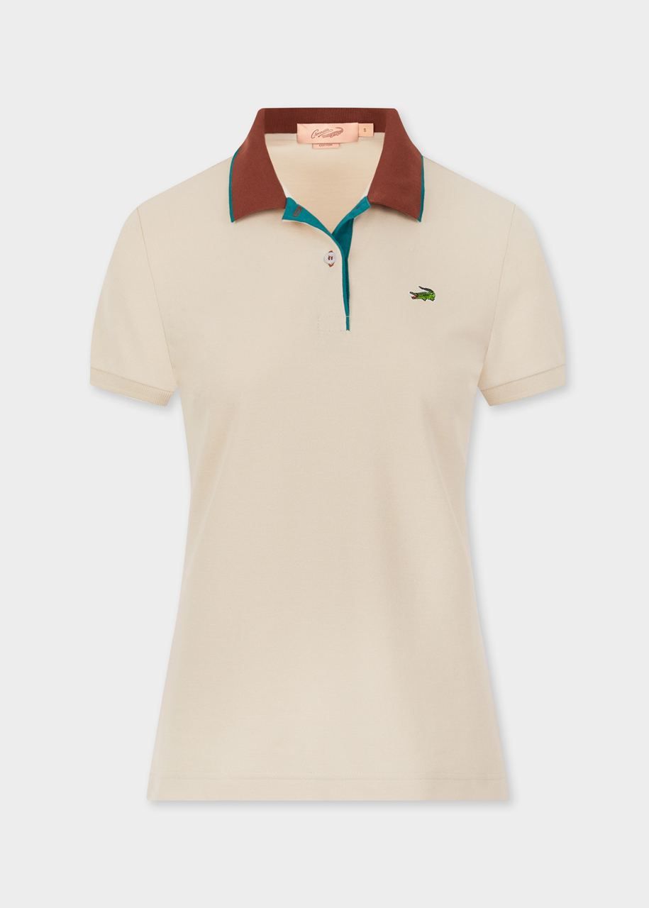 BEIGE WOMEN TAPERED FIT POLO WITH NUTSHELL BROWN COLOUR BLOCK COLLAR