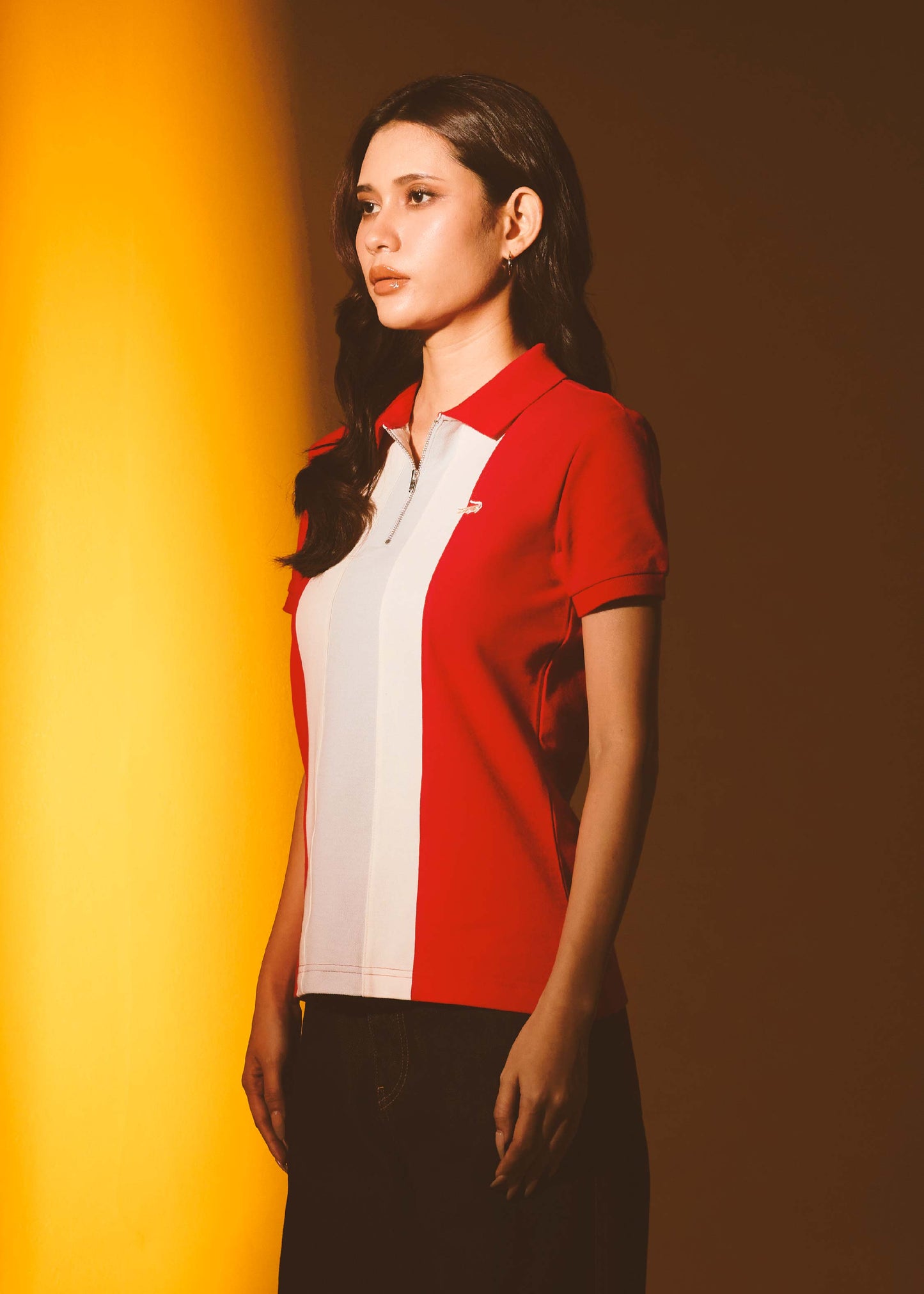 LAVA RED COLOUR BLOCK WOMEN TAPERED FIT POLO SHIRT WITH ZIP PLACKET