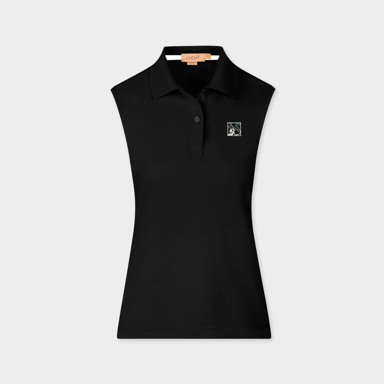 BLACK WOMEN TAPERED FIT SLEEVELESS POLO WITH EMBROIDERY