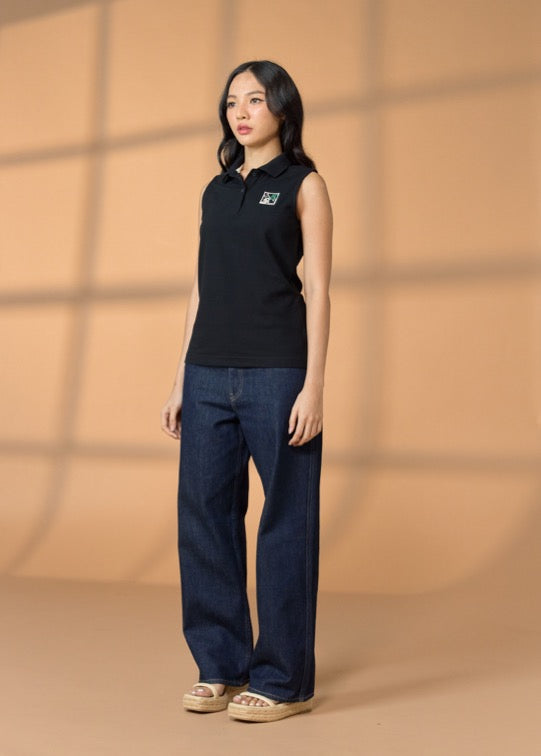 BLACK WOMEN TAPERED FIT SLEEVELESS POLO WITH EMBROIDERY