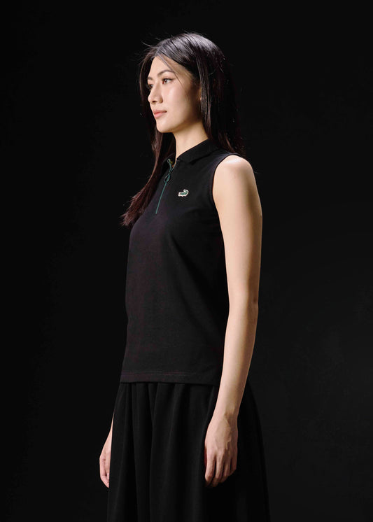 BLACK WOMEN TAPERED FIT SLEEVELESS POLO WITH ZIP PLACKET