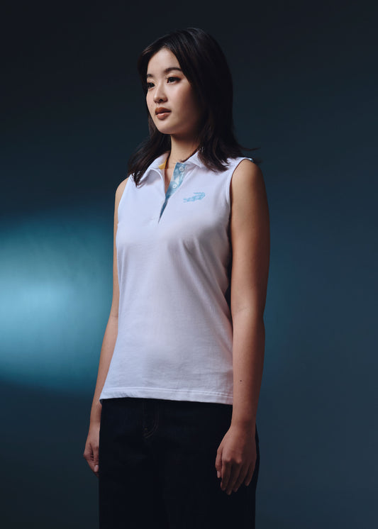 WHITE WOMEN TAPERED FIT SLEEVELESS POLO WITH EMBROIDERY