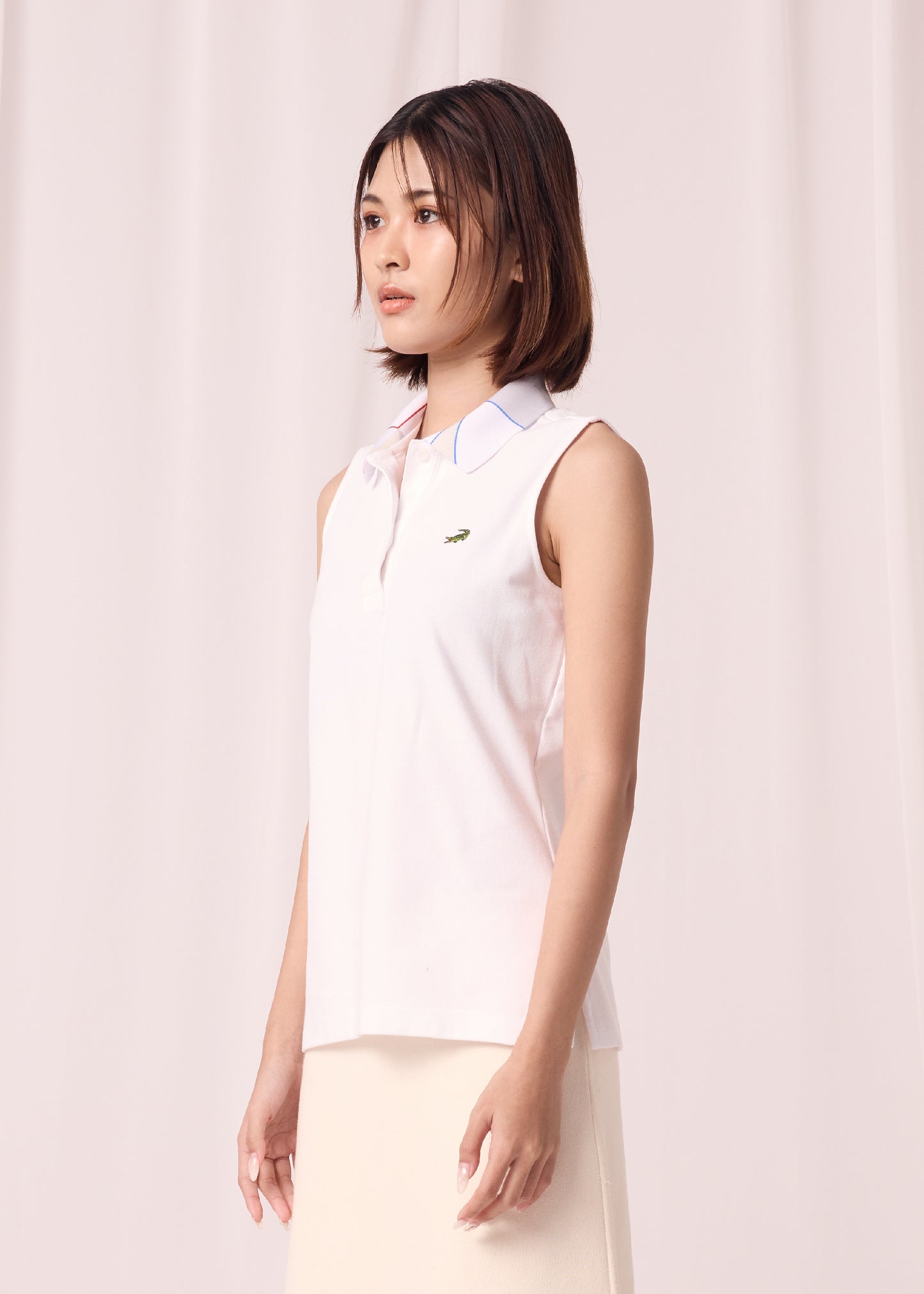 CLOUD DANCER WOMEN TAPERED FIT SLEEVELESS POLO WITH FABRIC PRINT COLLAR