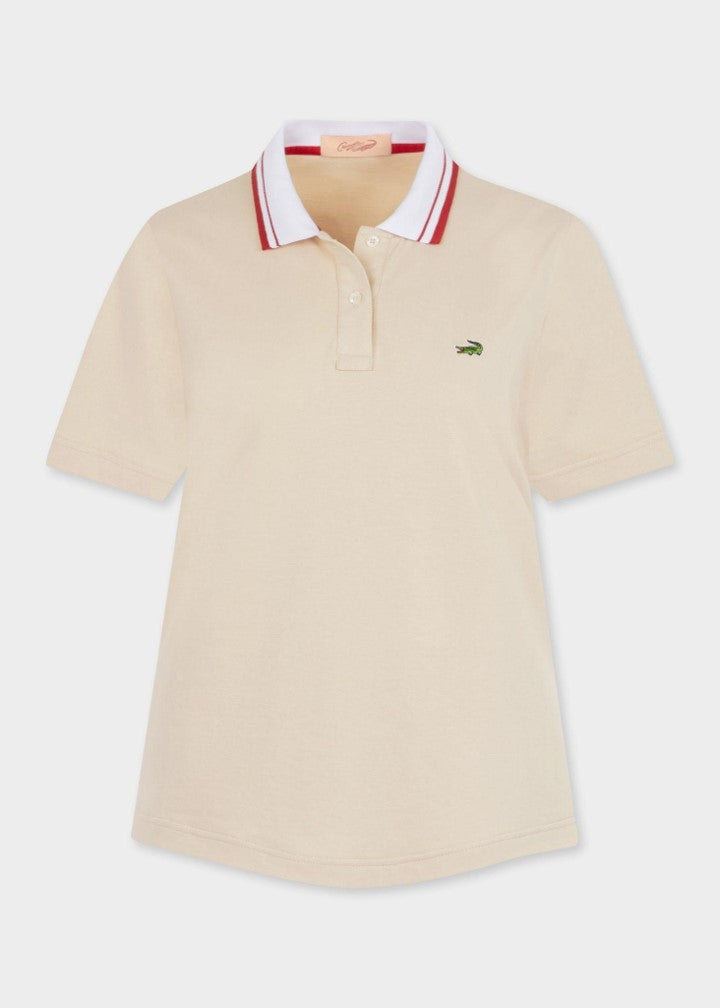 BEIGE OVERSIZED FIT SHORT SLEEVE POLO SHIRT WITH STRIPE COLLAR