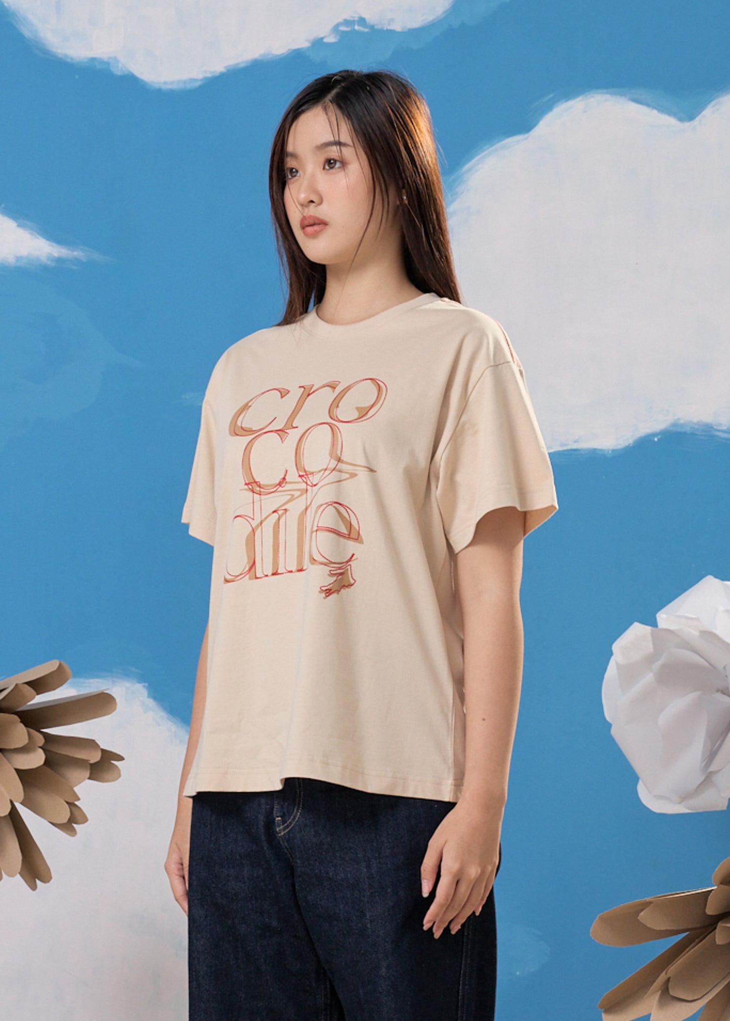 BEIGE OVERSIZED FIT CREW NECK SHORT SLEEVE T-SHIRT WITH GRAPHIC PRINT