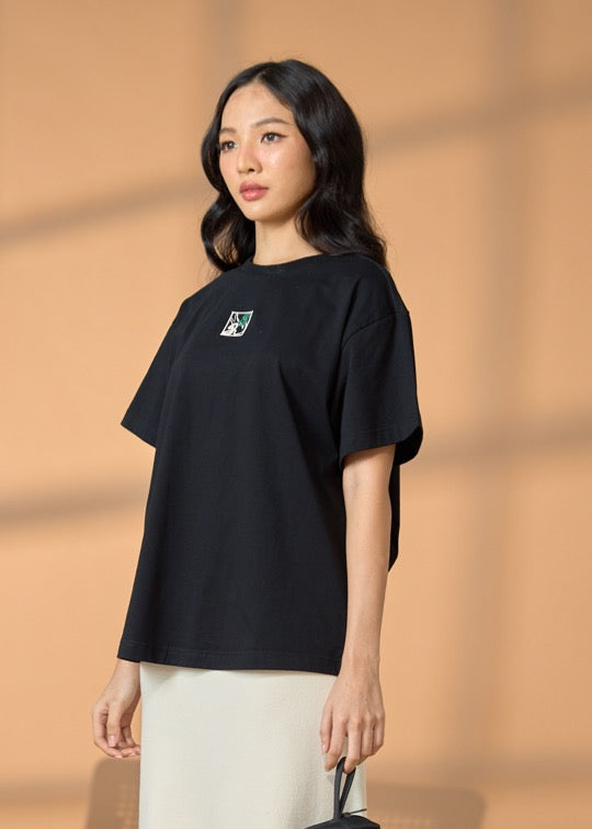 BLACK OVERSIZED FIT CREW NECK SHORT SLEEVE T-SHIRT WITH EMBROIDERY