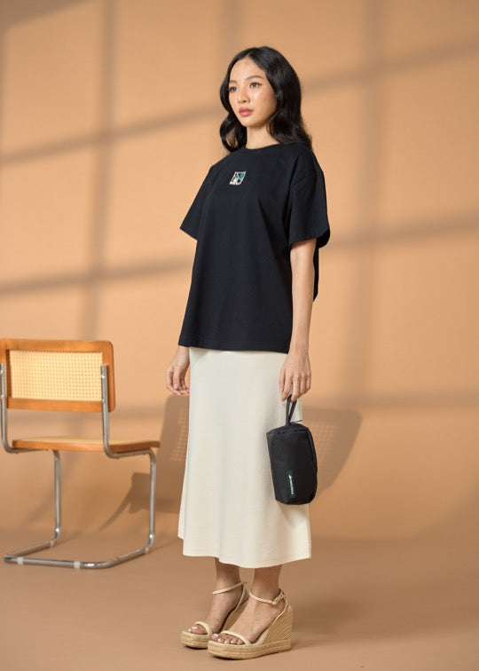 BLACK OVERSIZED FIT CREW NECK SHORT SLEEVE T-SHIRT WITH EMBROIDERY