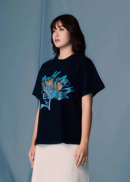 NAVY OVERSIZED FIT CREW NECK SHORT SLEEVE T-SHIRT WITH GRAPHIC PRINT