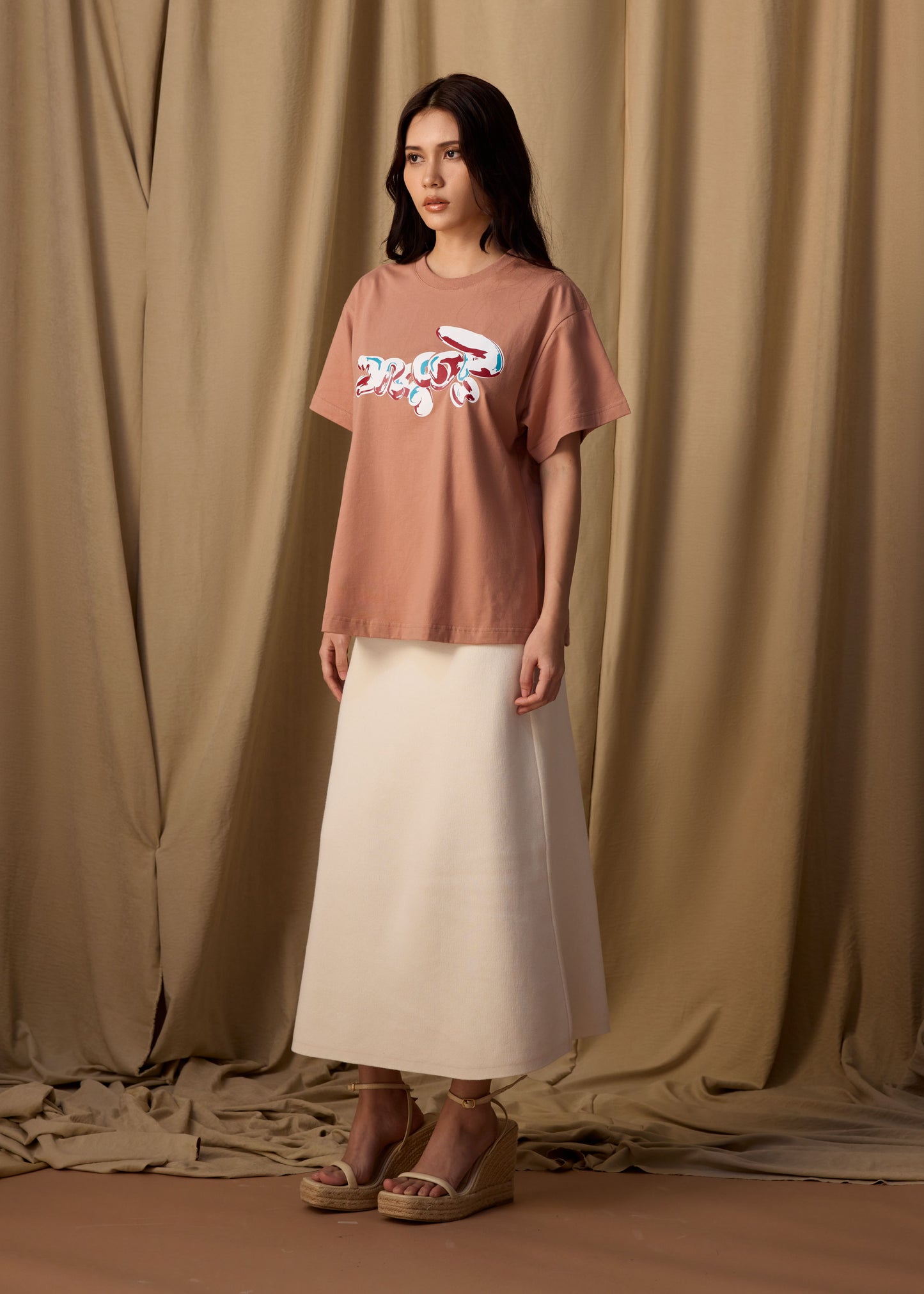 MOCHA MOUSSE BROWN OVERSIZED FIT CREW NECK SHORT SLEEVE T-SHIRT WITH GRAPHIC PRINT