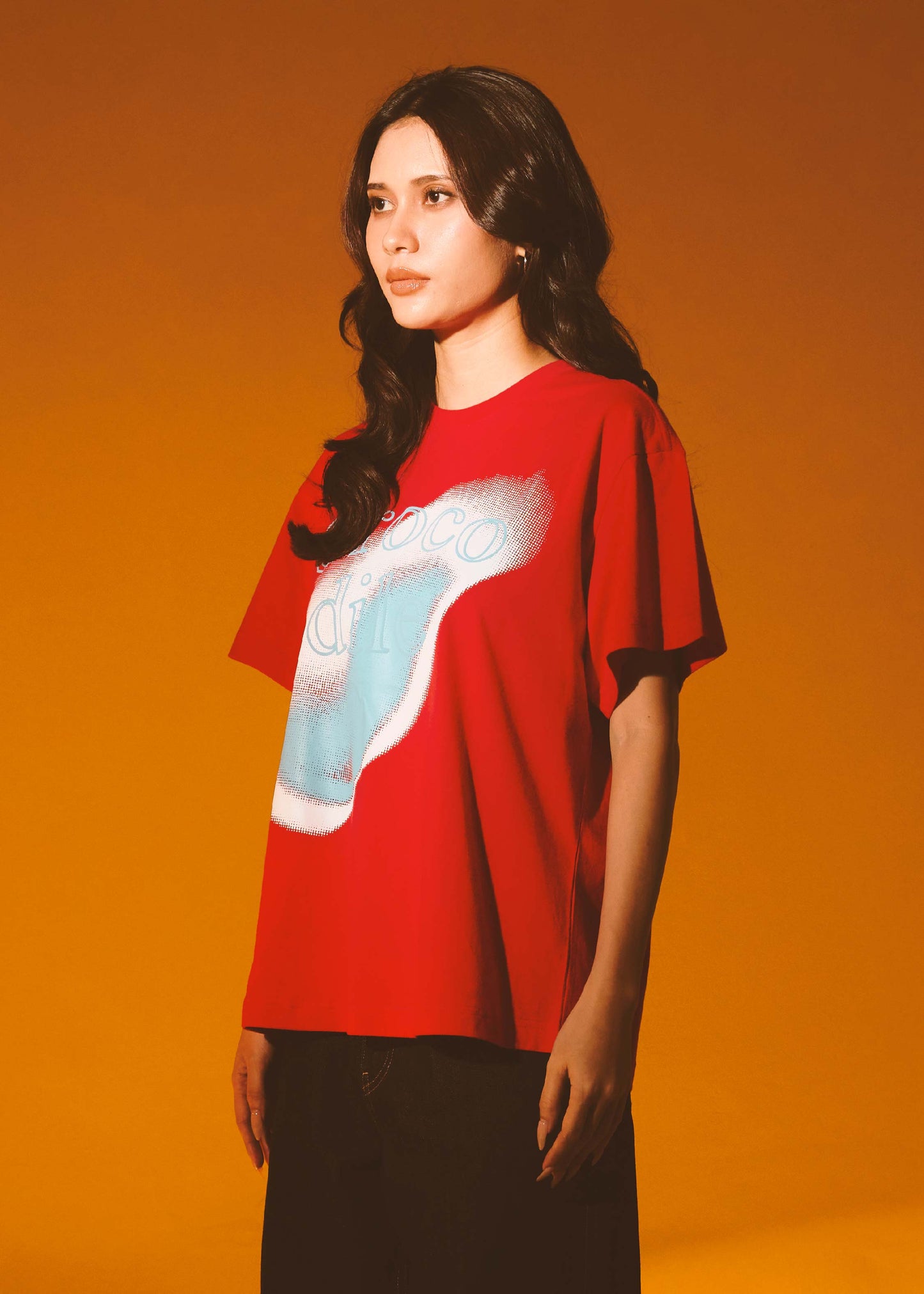 LAVA RED OVERSIZED FIT CREW NECK SHORT SLEEVE T-SHIRT WITH GRAPHIC PRINT