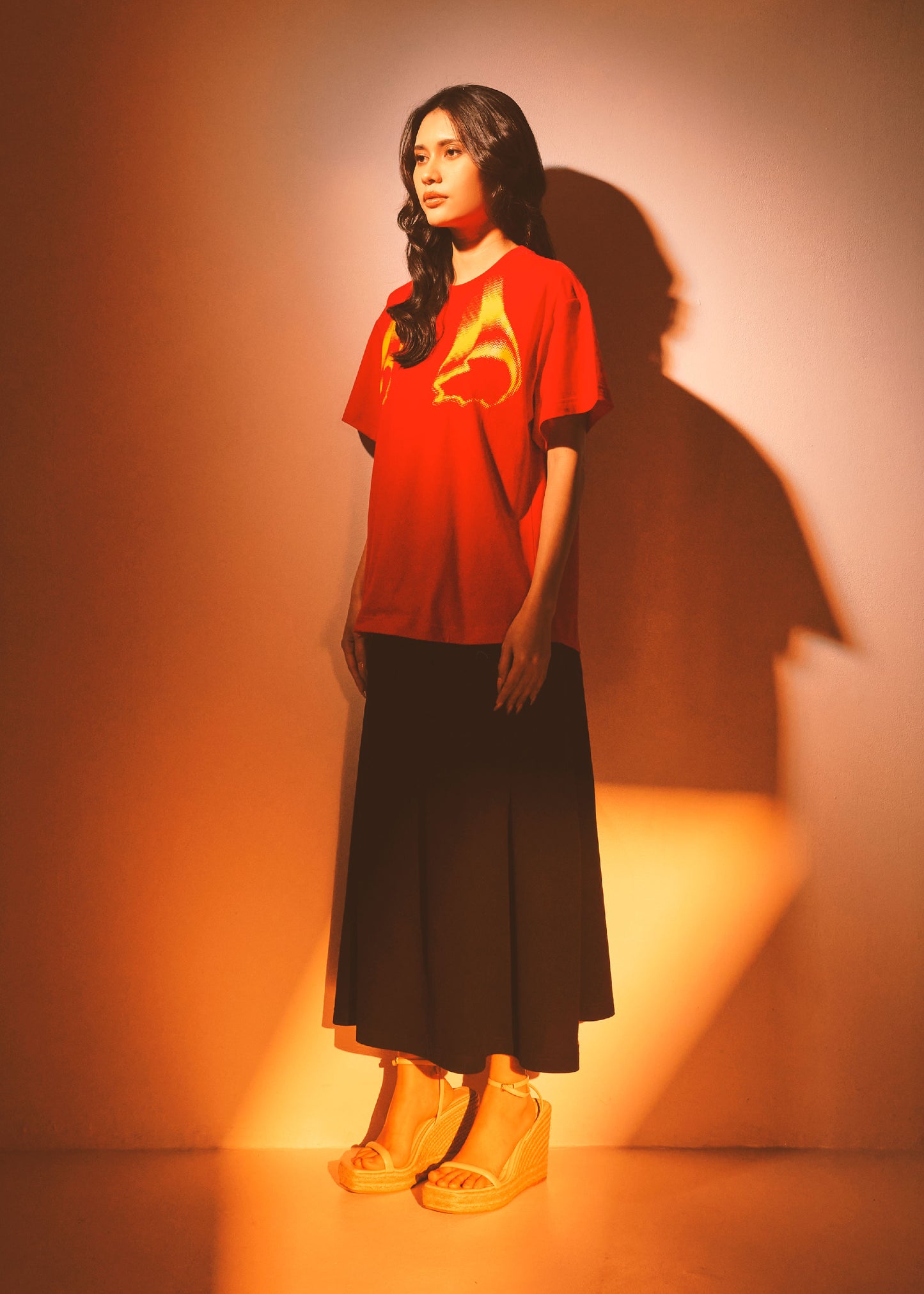 LAVA RED OVERSIZED FIT CREW NECK SHORT SLEEVE T-SHIRT WITH GRAPHIC PRINT