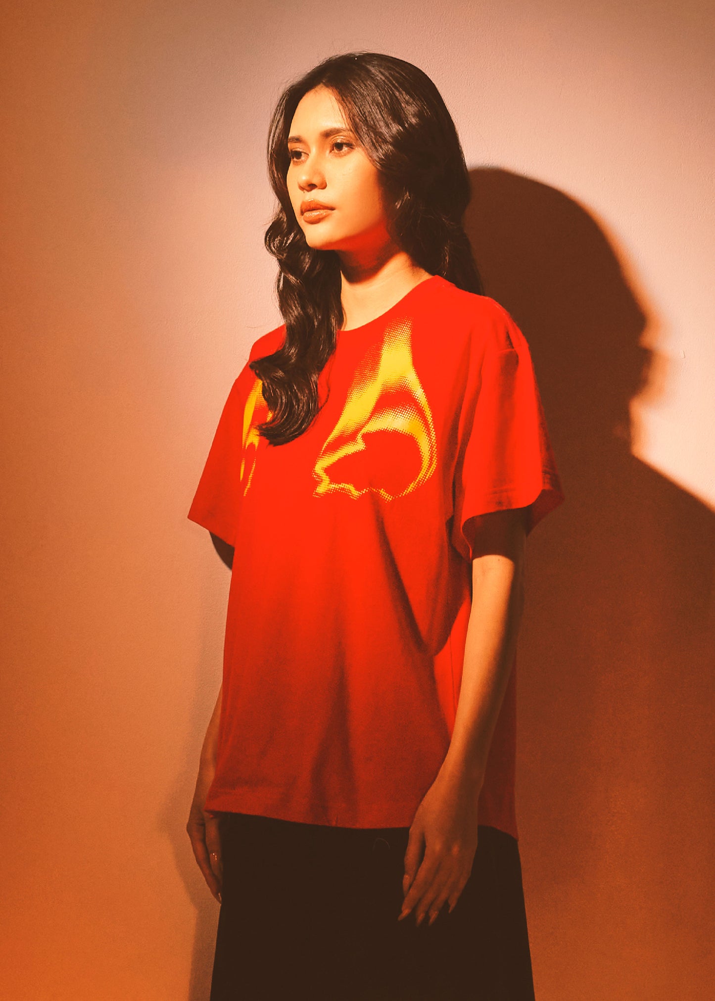 LAVA RED OVERSIZED FIT CREW NECK SHORT SLEEVE T-SHIRT WITH GRAPHIC PRINT