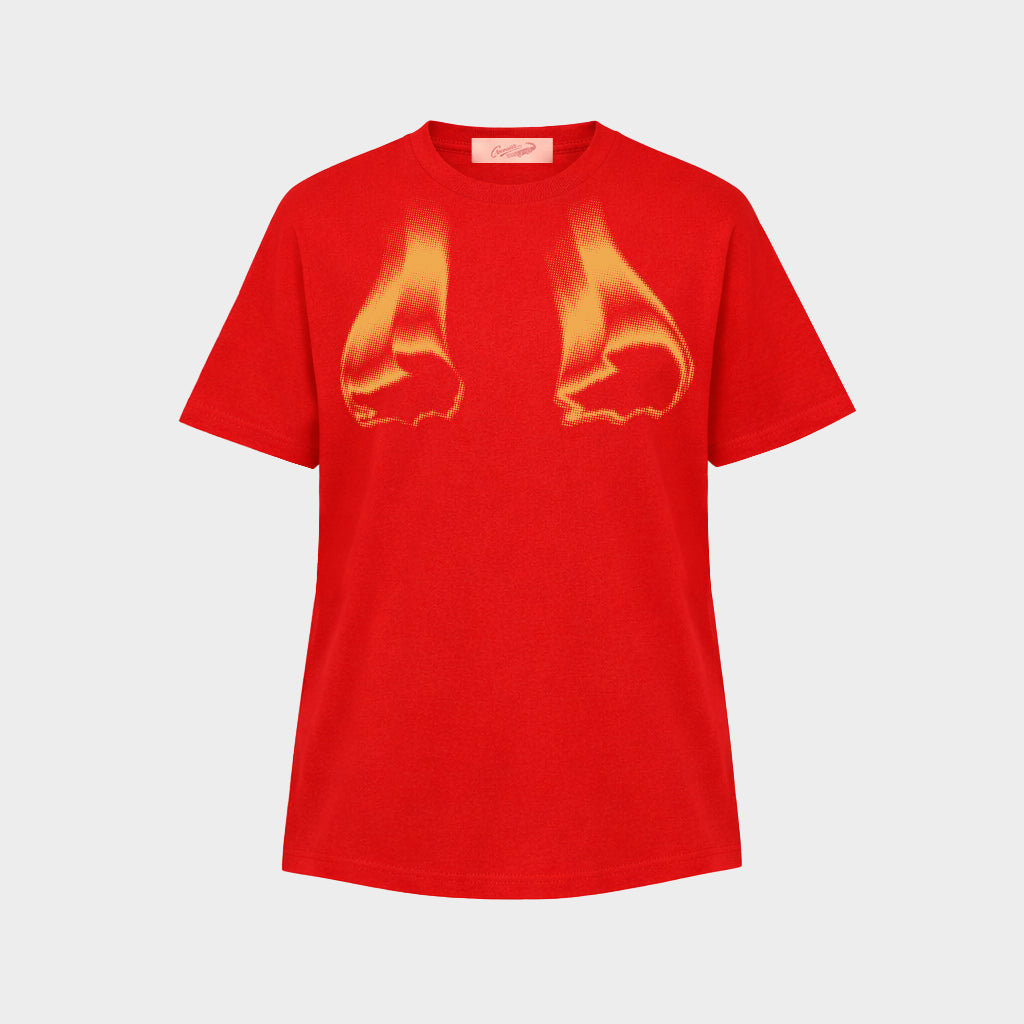 LAVA RED OVERSIZED FIT CREW NECK SHORT SLEEVE T-SHIRT WITH GRAPHIC PRINT