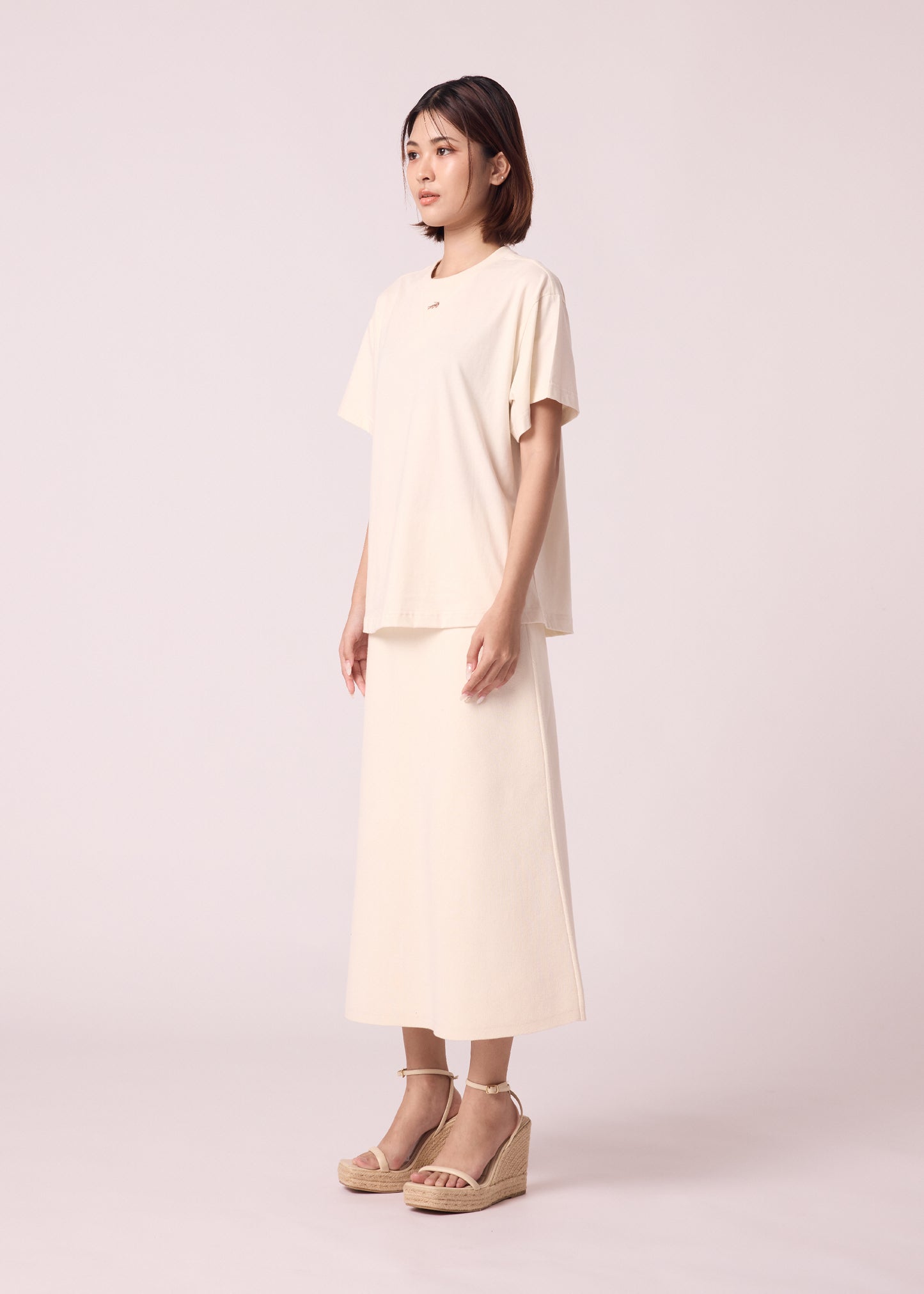 BEIGE OVERSIZED FIT CREW NECK SHORT SLEEVE T-SHIRT WITH EMBROIDERY